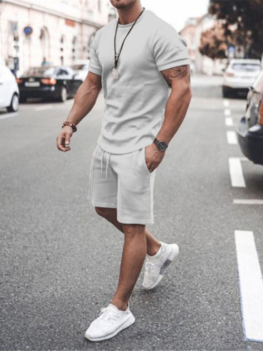 New Men's Casual Solid Color Short Sleeve Shirt & Shorts Two-Piece Set